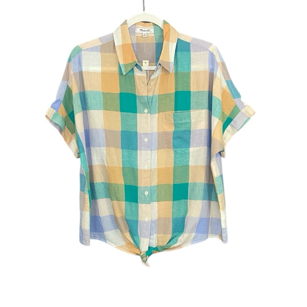 Madewell Gingham Linen Cotton Tie Front Shirt Short Sleeve NWT - Picture 2 of 11